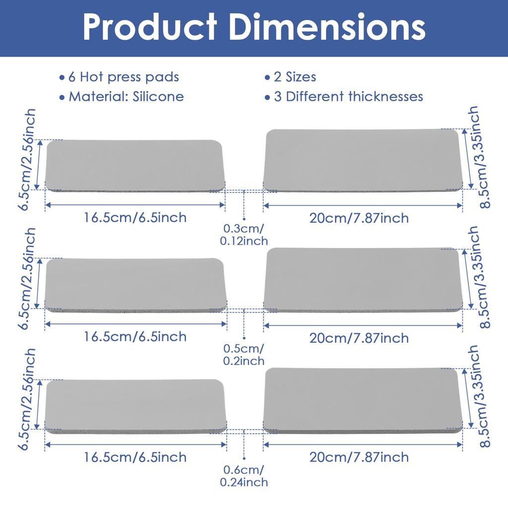 6Pcs Silicone Heat Press Mat 3 Thickness 1/8" 1/5" 1/4" Double Sided Use Heat Press Pad for DIY Heat Pressing Mat Rubber Pad