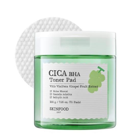 Skinfood Shine Muscat Cica BHA Toner Pad – Dual-Sided Exfoliating & Hydrating Pad for Sensitive Skin (70 Pads)