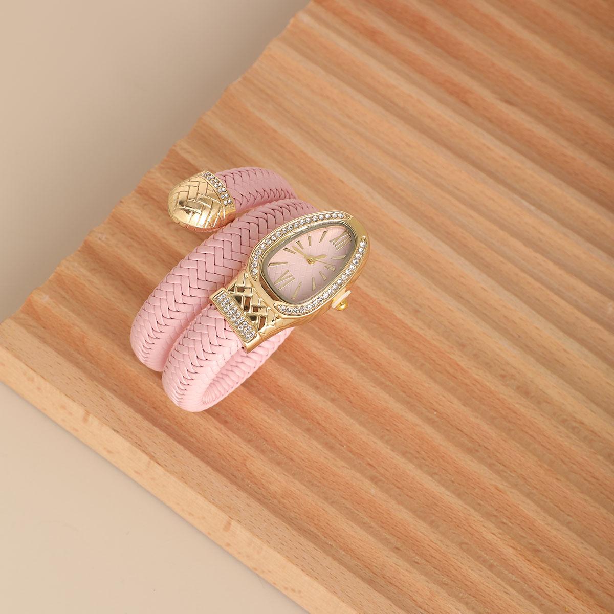 Модные женские кварцевые часы в форме змеи, плетеные, роскошные, со стразами, римский циферблат, наручные часы для девушек, часы Reloj Mujer розовый