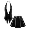 Women Patent Leather Lingerie Set Halter Top Deep V Leotard Crotch Opening Mini Skirt Rave Clubwear