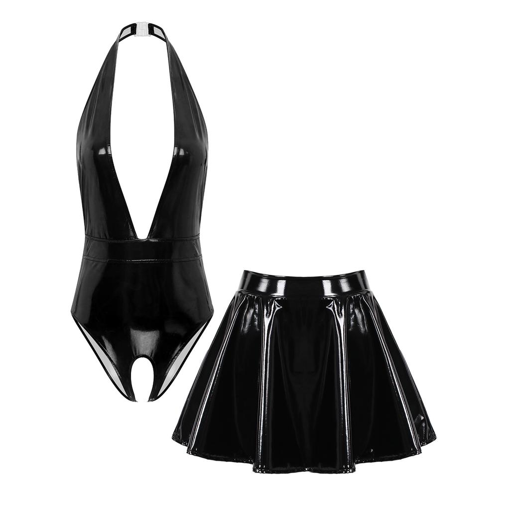 Women Patent Leather Lingerie Set Halter Top Deep V Leotard Crotch Opening Mini Skirt Rave Clubwear
