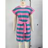 Women's Spring/summer Round Neck Short Sleeve Striped Dress Casual Belt Pocket Dress