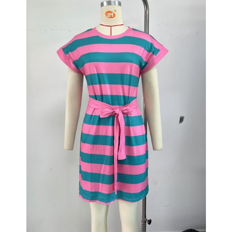 Women's Spring/summer Round Neck Short Sleeve Striped Dress Casual Belt Pocket Dress