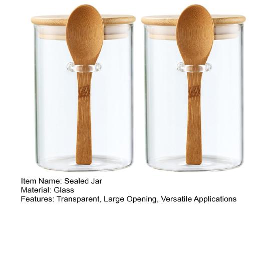 Glass Sealed Jar Transparent Glass Canister with Spoon Wooden Lid Food Storage Jar for Coffee Beans Spice Kitchen Supplies