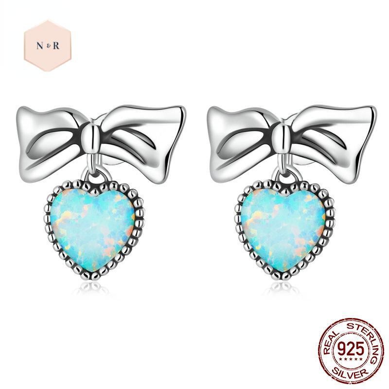 Cheap Fashion Bow Opal Love Stud Earrings Whole Body Silver Sweet and Cute Wind Earrings Joom