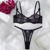Pink & Black Sexy Floral Embroidered Mesh Lingerie Set - Sheer Bra & Thong Two-Piece