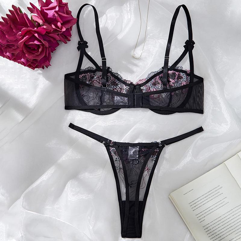 Pink & Black Sexy Floral Embroidered Mesh Lingerie Set - Sheer Bra & Thong Two-Piece
