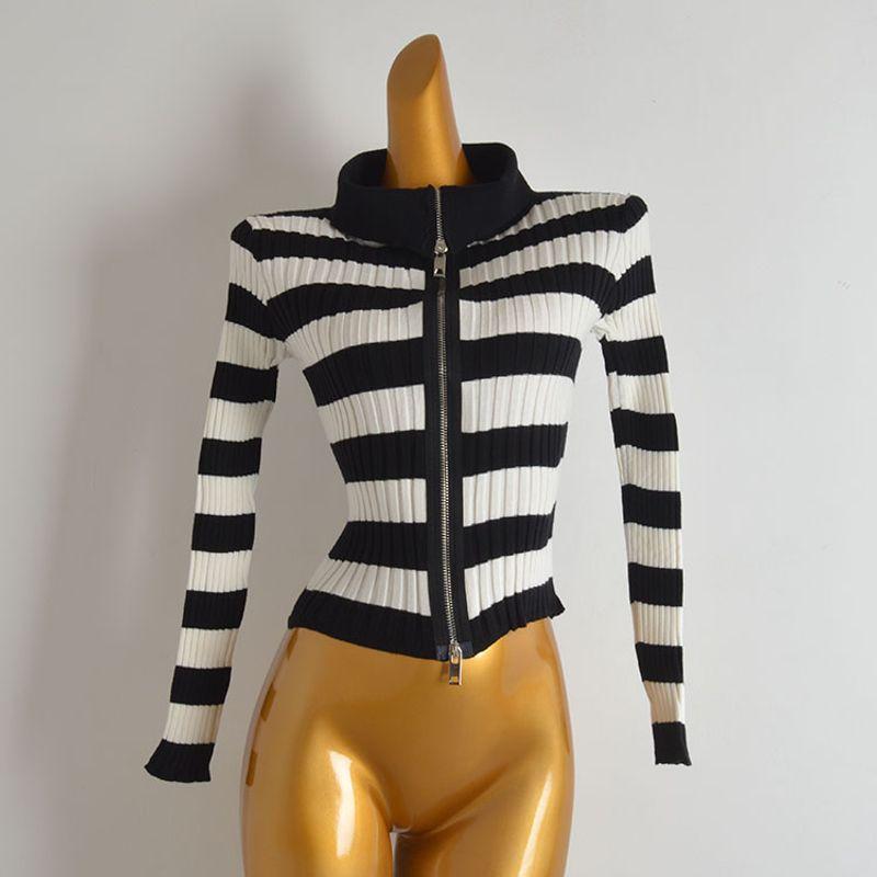 Spring & Fall New Arrival Vintage Stripe Turtleneck Double Zipper Knitting Cardigan Women's Clothes Silm Slimming and Short Sweater Top