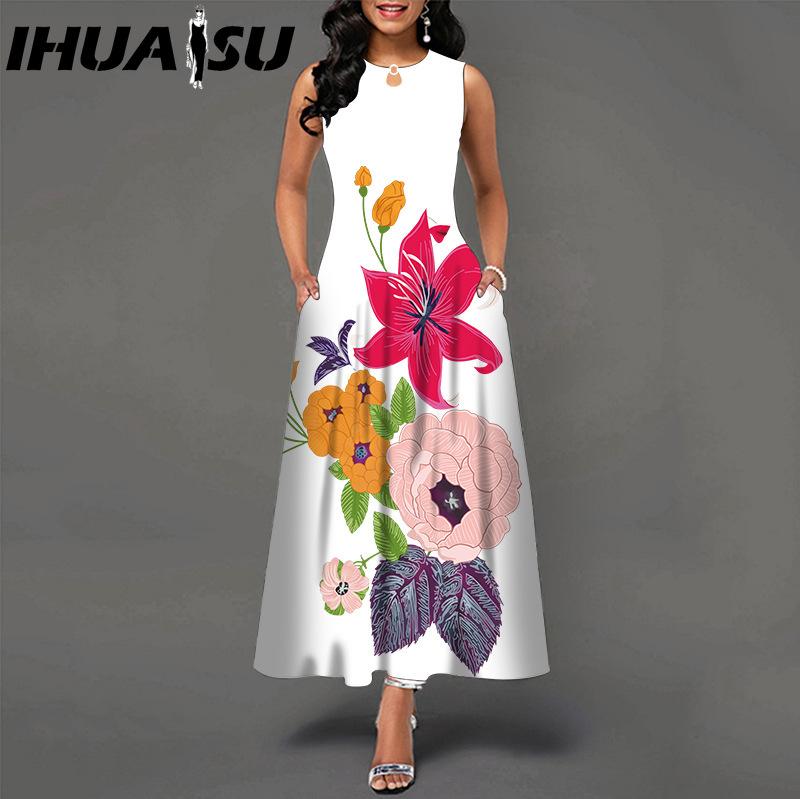 IHUASU 48 Farben Neues Damen Lockeres Vintage Blumenmuster Rüschenkleid Befree Kleid Großes Sommerparty Tanktops Elegante Maxikleider