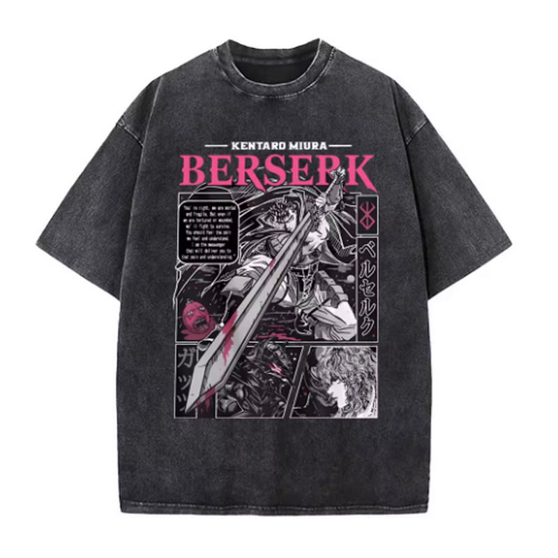 Berserk Print T Shirt Men Vintage Washed Tshirt Anime Guts Graphic Tshirt Hip Hop Streetwear Tees Casual Berserk Clothes