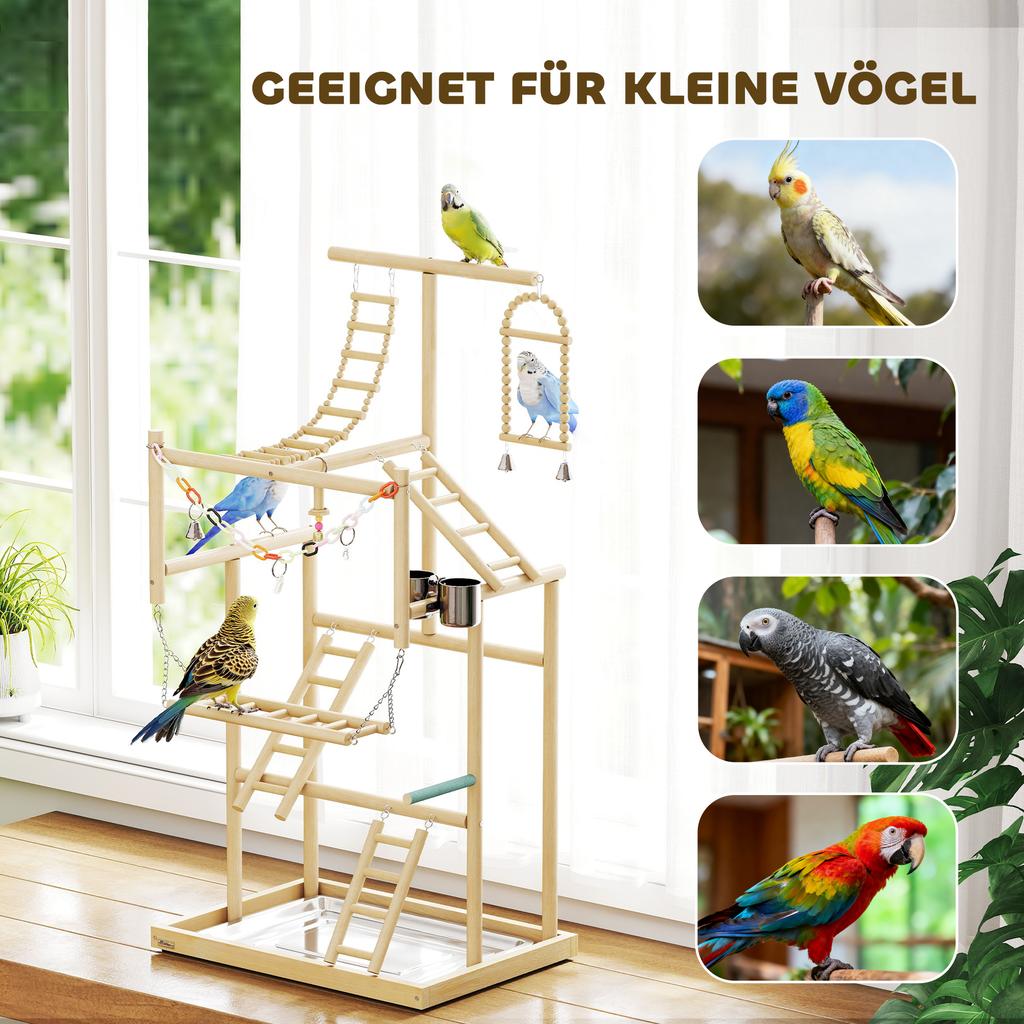 95 cm Wooden Bird Playground with Ladders, Chain Toy, Stainless Steel Cups and Tray, Bird Cage Accessories, Natural