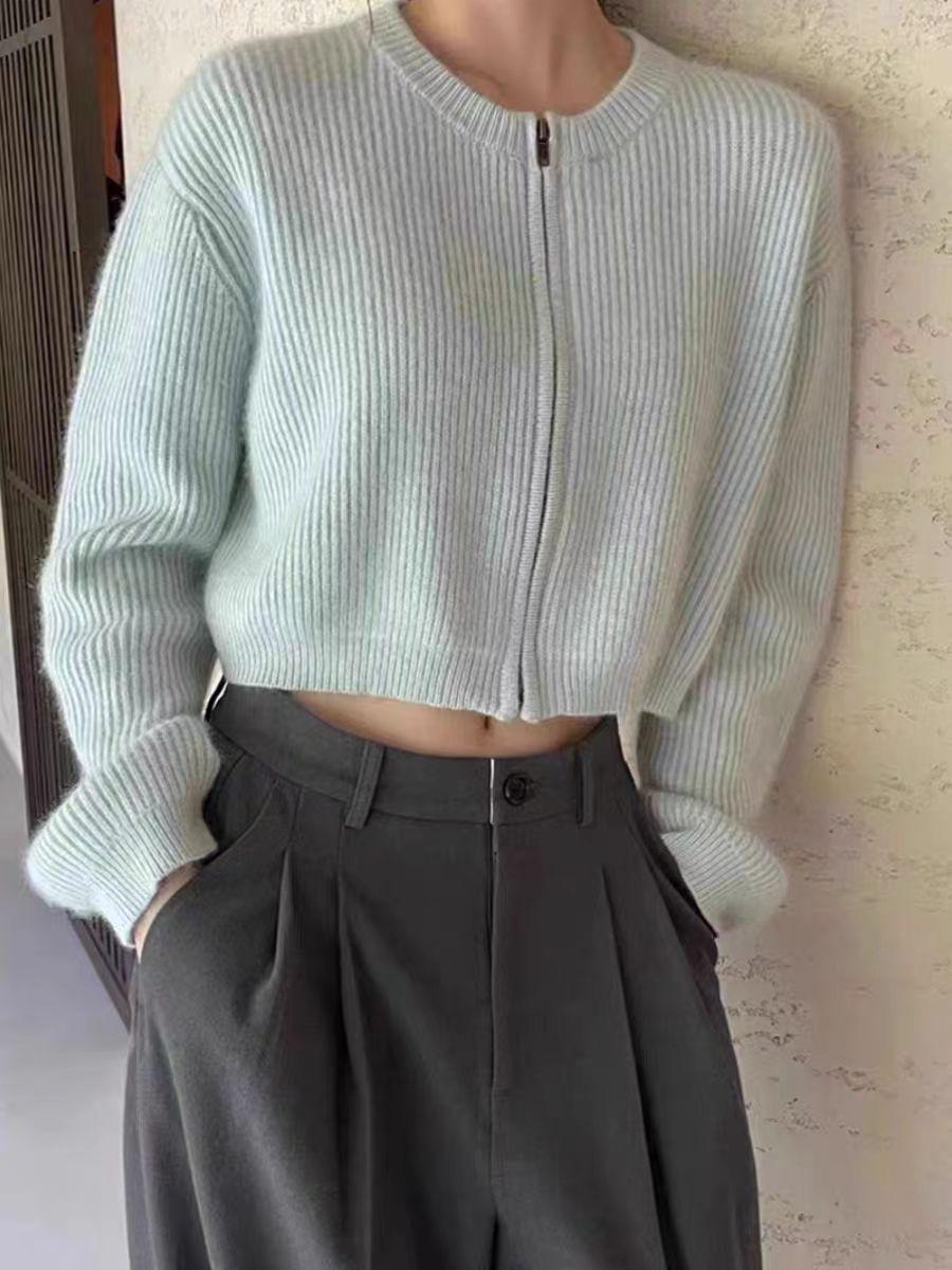 

Women s Loose Korean-Style Wool Sweater - Soft Texture, Round Neck, Short Zipper, Slimming Cashmere Cardigan Extra Large