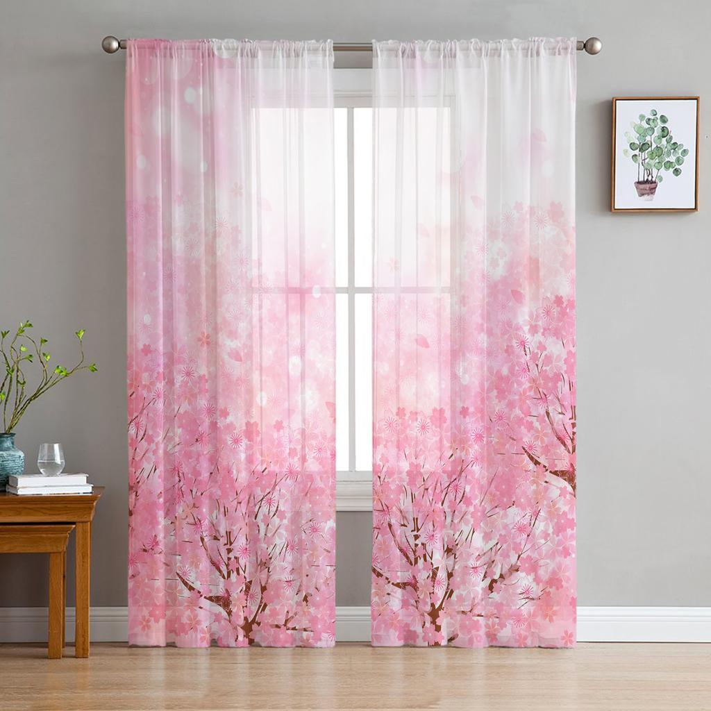 Japanese Style Cherry Blossoms Pink Flower Sheer Curtains for Living Room Decor Window Curtains Kitchen Tulle Voile Curtains
