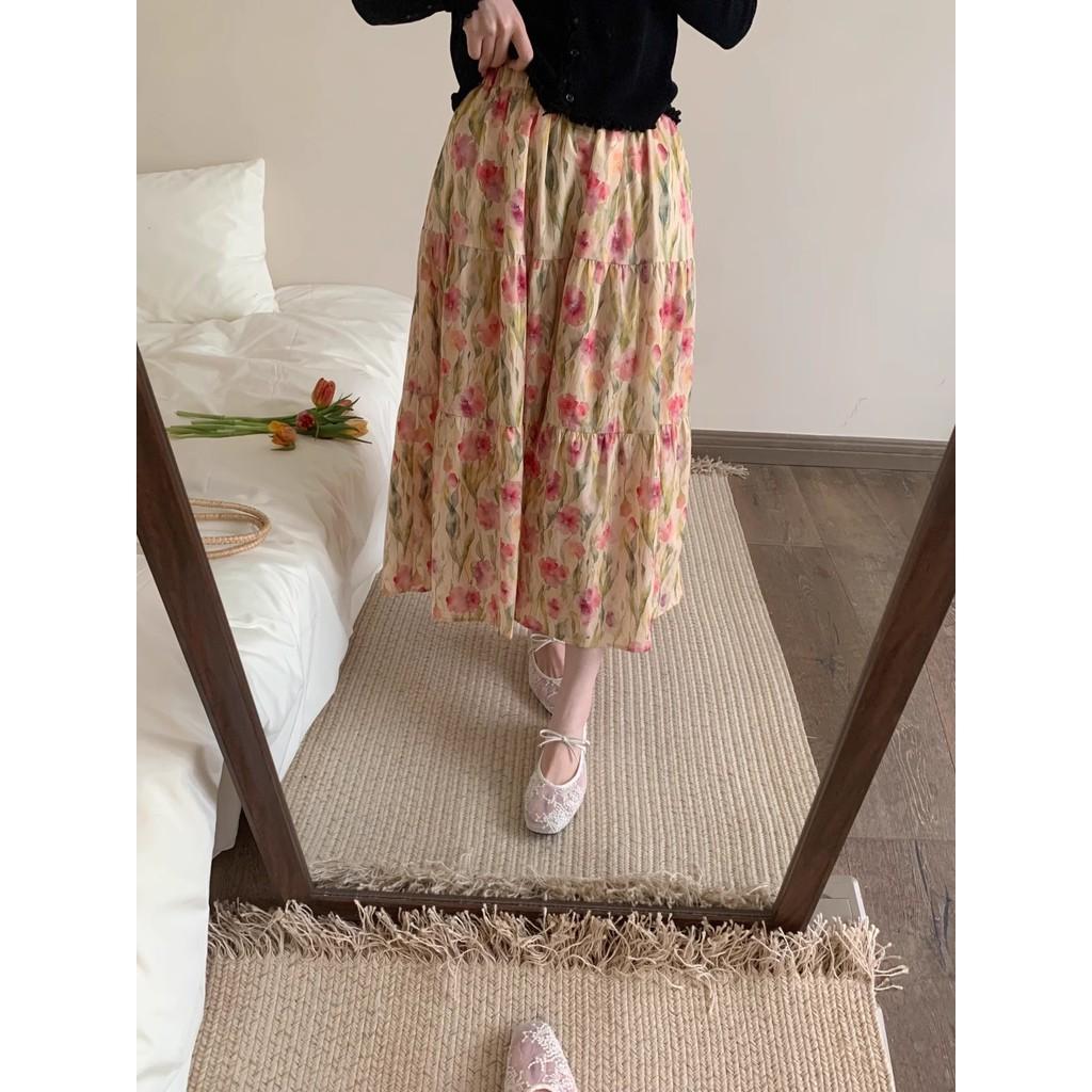 Qooth Sweet Pleated Floral Maxi Skirt with Pockets Full Flared Hem QT2905