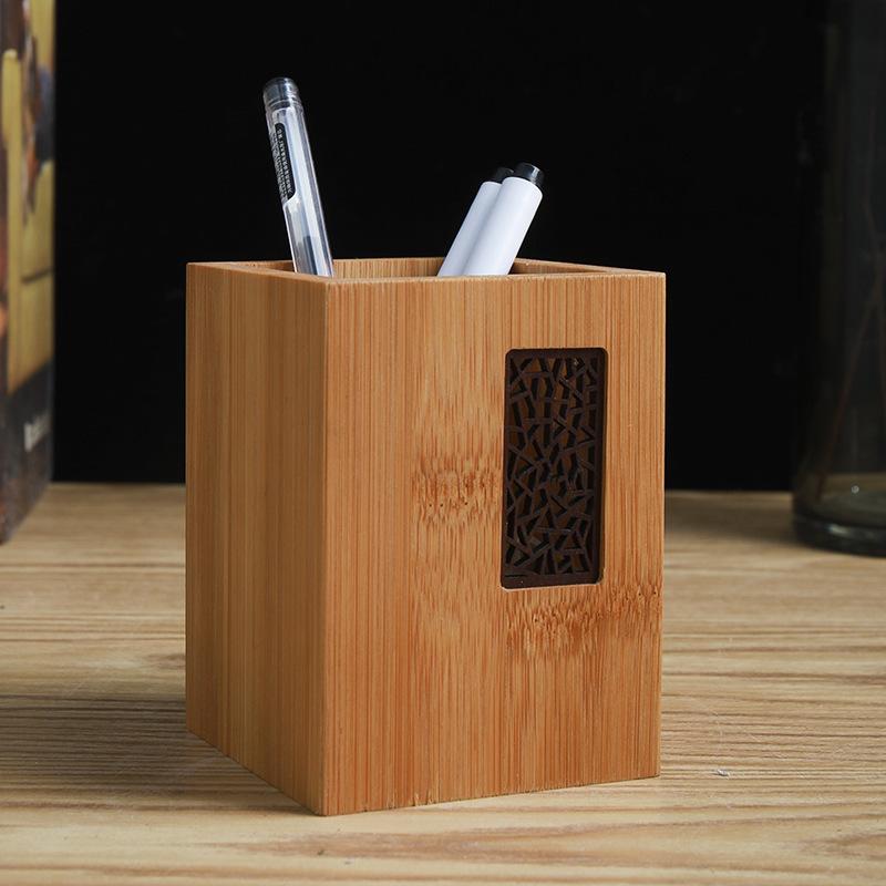 Wooden Square Pen Holder Stand with Exclusive Walnut Finish School Supplies for Office Use-Desktop Pencil Storage Box