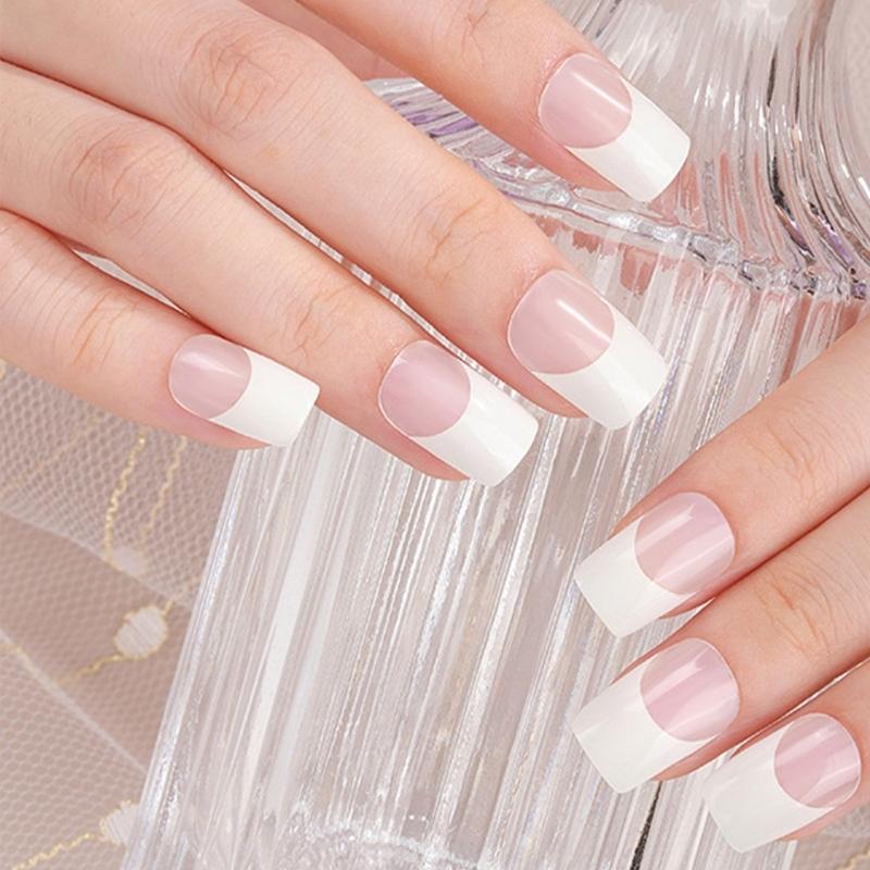 Gel Nail Stickers Full Cover Self Adhesive French Manicure Strips Quick Apply No UV Light Required with Nail File Stick