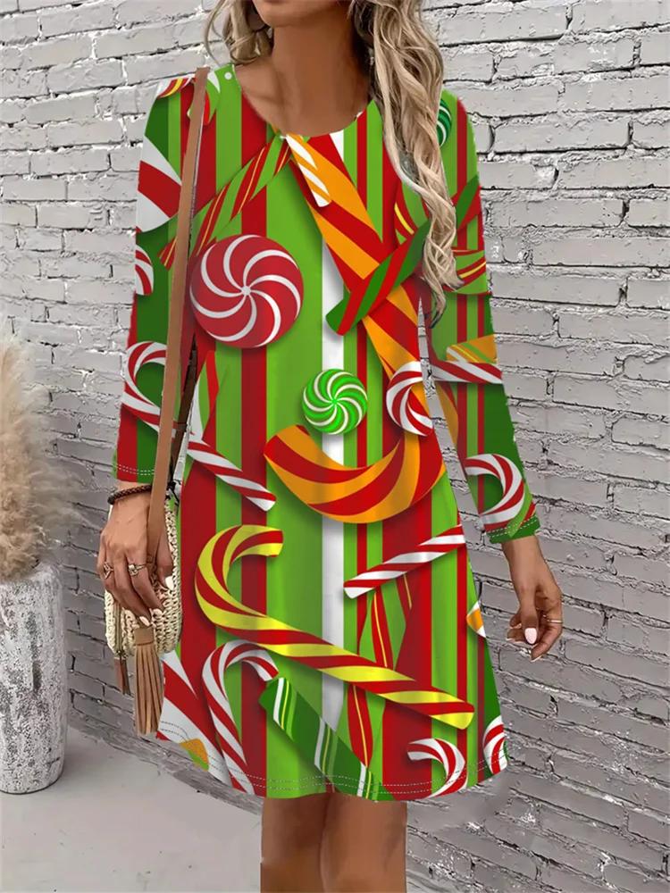 New Year Party Women Dress Christmas Robe Casual Long Sleeve O-Neck Loose A-Line Dress