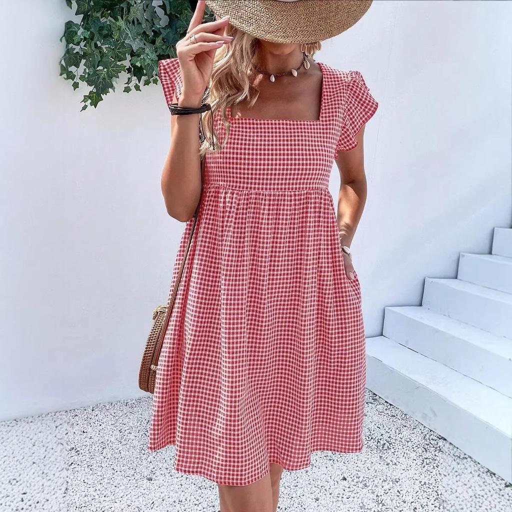 European & American Women's Ruffle Sleeve Square Neck Plaid High-Waisted Dress