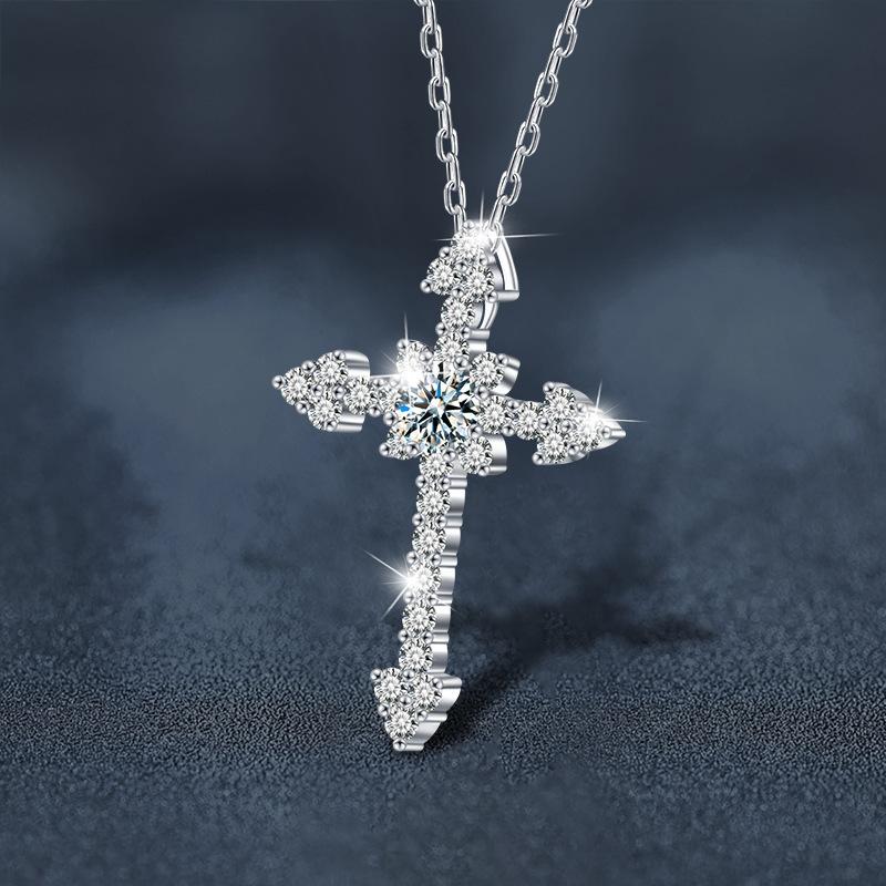 Exaggerated Moissanite Cross Pendant Necklace Full-Set S925 Sterling Silver Jewelry Accessory