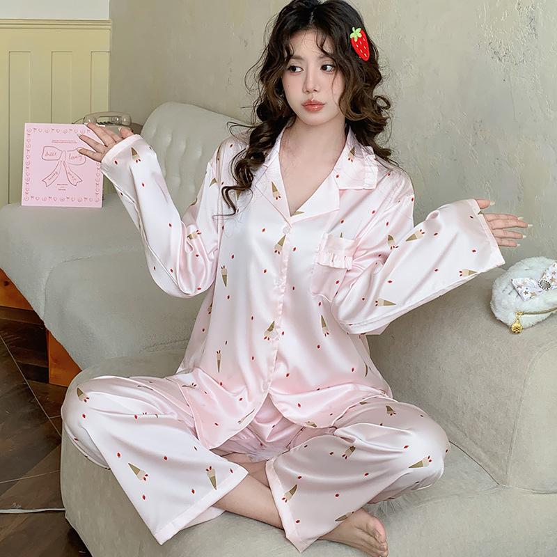 1011 New Ice Silk Pajamas Women's Ice Cream Ins Style Long-sleeved Trousers High-end Loungewear Suit Can Be Worn Outside