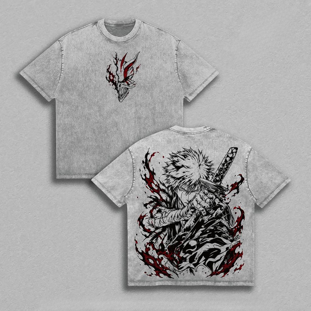 Vintage Fashion BLEACH T-shirt Kurosaki Ichigo Anime Washed T Shirt Summer Short Sleeve Cotton Tees Tops Men Women Clothing