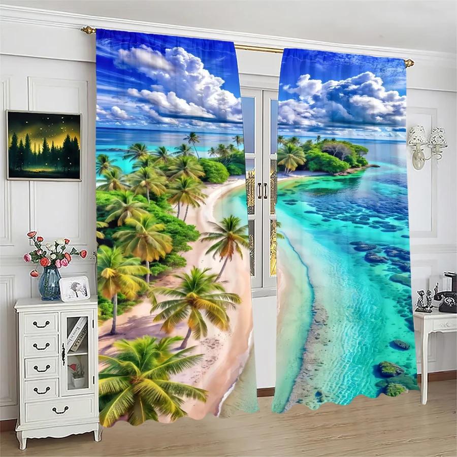 Sea View Pattern Printed Curtains   Pole Bag Curtains   Christmas Decorations   Daily Home Decorations   Room Decorations