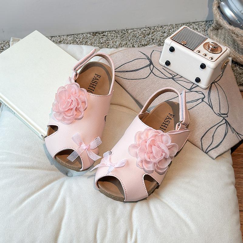 

Girls Sandals Sweet Flowers Lace Kids Beach Shoes Hollowed-out Ins 2025 Summer New Children Fashion Princess Shoes Soft Sole 23 розовый