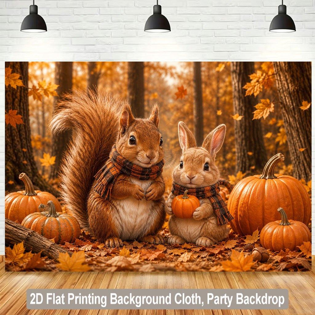 1 Piece of 2D Flat Background Fabric a Banner Depicting a Cozy Gathering of Autumn Forest animals.PMJ