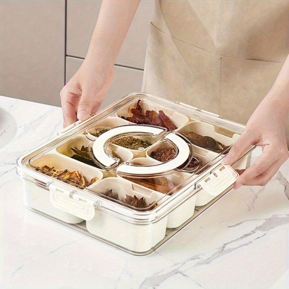 1Pack Kitchen Plastic Seasoning Storage Box with Lid and Handle Spice Storage Container Multifunctional 8 Grids Storage Box