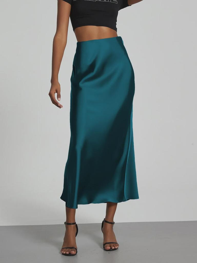 European & American Style Satin High-Waist Mid-Length Skirt - Glossy Solid Color
