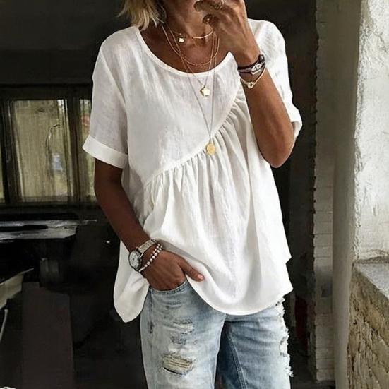 Damen-T-Shirt mit Rundhalsausschnitt, kurzen Ärmeln und Rüscheneinsatz, einfarbig, locker geschnitten, lässiges Sommertop