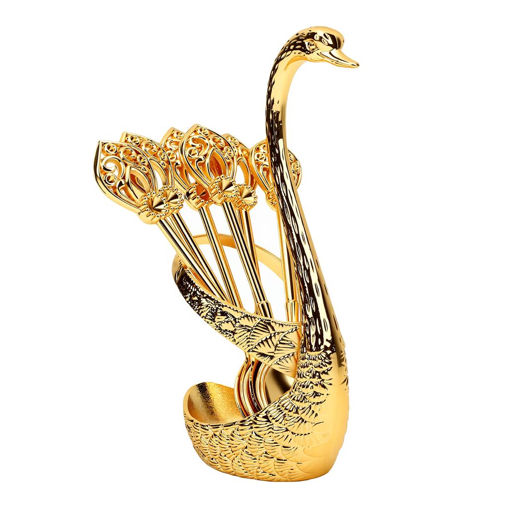 Coffee Spoon Holder Set Metal 6pcs Dessert Spoons and Swan Base Holder for Kitchen Coffee Station Bar Party Tabletop