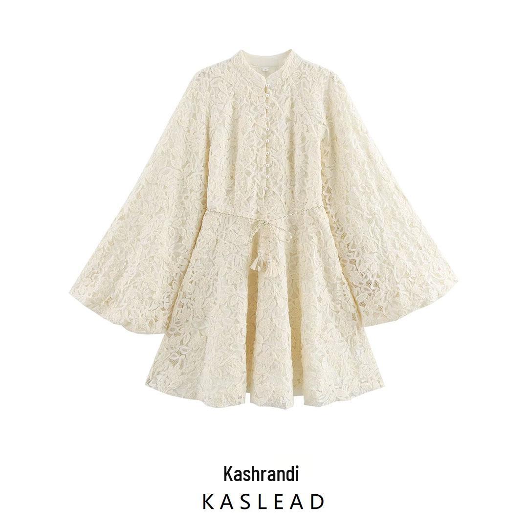 

2024 Winter Women s European & American Fashion: Simple Lace Tassel Tie Dress M слонова кістка
