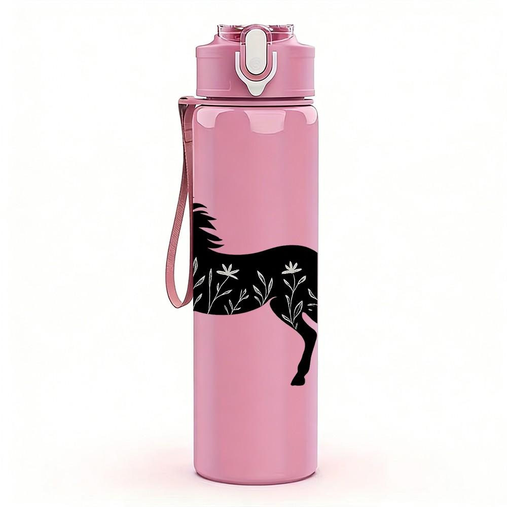1PC Galloping Black Horse Silhouette 750ml Color Plastic Sports Water Bottle Leakproof Flip Straw Lid Suitable for Sports Office Home Use
