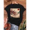 Women's Vintage Japanese Woodblock Print T-Shirt - Cherry Blossom & Red Sun Design, Semi-Sheer Short Sleeve Crew Neck Casual Top