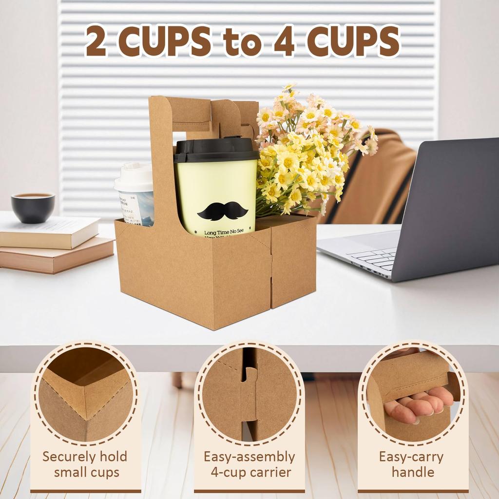 20pcs Kraft Paper Takeout Cup Drink Holders with Foldable Portable Cup Holders for Hot and Cold Coffee for Food Delivery Holders, 2-Cup Handles,