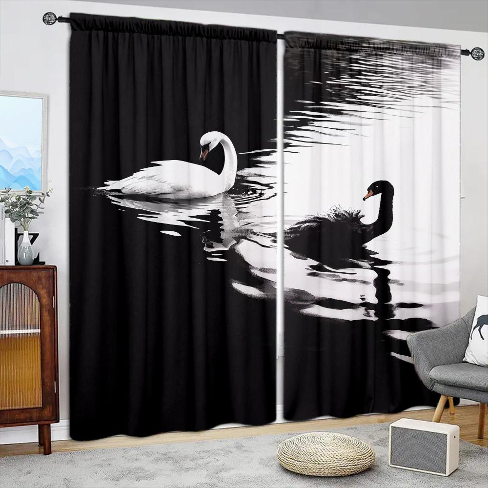 2pcs Black and White Swan Printed Curtain for Home Decor - Rod Pocket Window Treatment for Bedroom, Office, Kitchen, Living Room