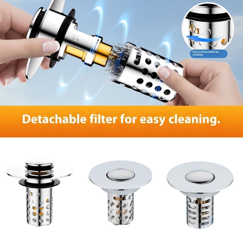 Not Odor Bathroom Sink Drain Filter Push Down Stoppers with Hair Strainer Steel Basin Waste Plugs For Easy Cleaning