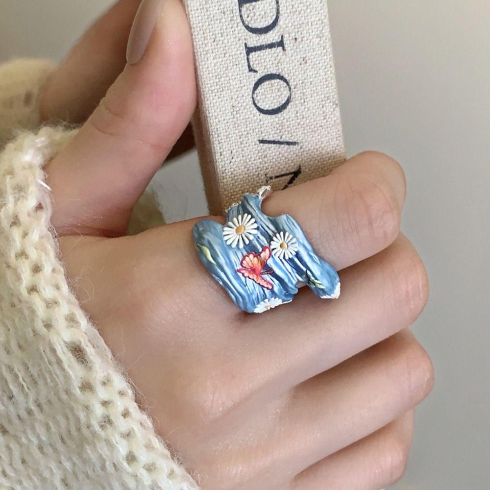 Daisy Enamel Flower Ring Open Ring Irregular Enamel Ring Cute Heart Ring  Women