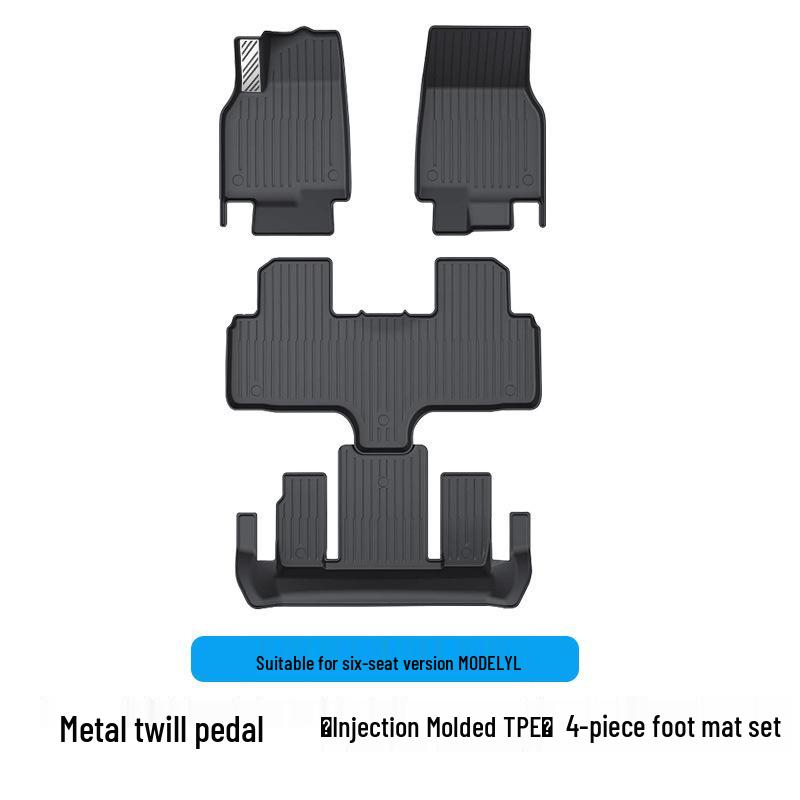6-Seater Tesla Model Y TPE Metal Foot Mats, Full Coverage, Twill Design