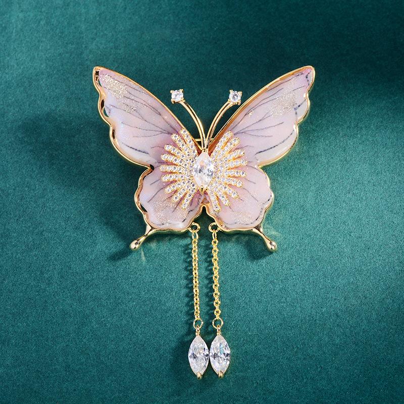 Ladies' Light Luxury Design Water Droplet Fringe Butterfly Brooch Fashionable Micro Inlaid Zircon Multifunctional Brooch