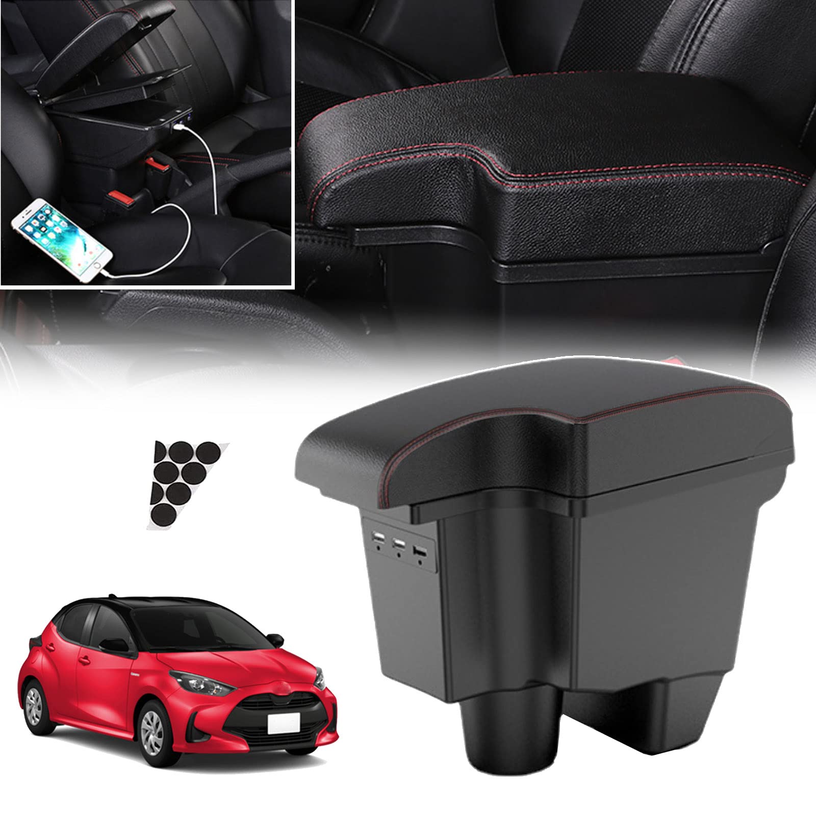 

Spedify Новый автомобиль Yaris Большая емкость для хранения Бокс центральной консоли с USB-зарядкой Совместим с Yaris Идеально подходит для черного цвета с красной строчкой Подлокотник,