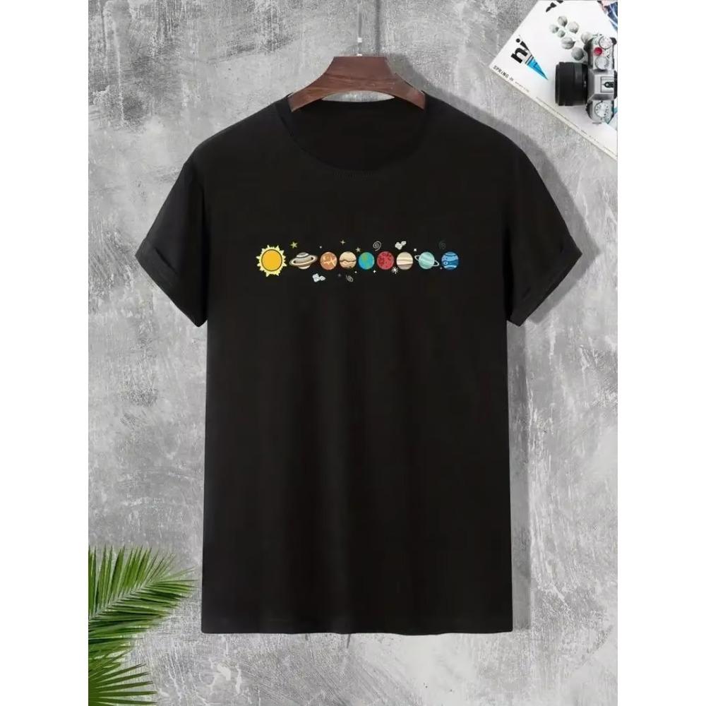 New Men's Cartoon Astronaut and Planet Print T-Shirt Best Selling Cotton Short Sleeve Top Bag Shipping