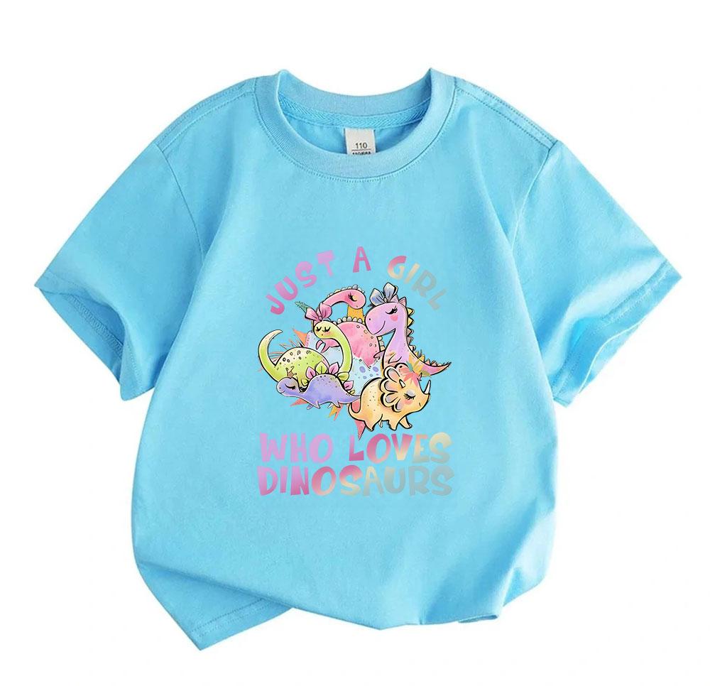Kids Boys Girls 100% Cotton Short Sleeve Crew Neck T-Shirt, Cute Cartoon Dinosaur Print Just A Girl Who Loves Dinosaurs Casual Soft Tee for Children D