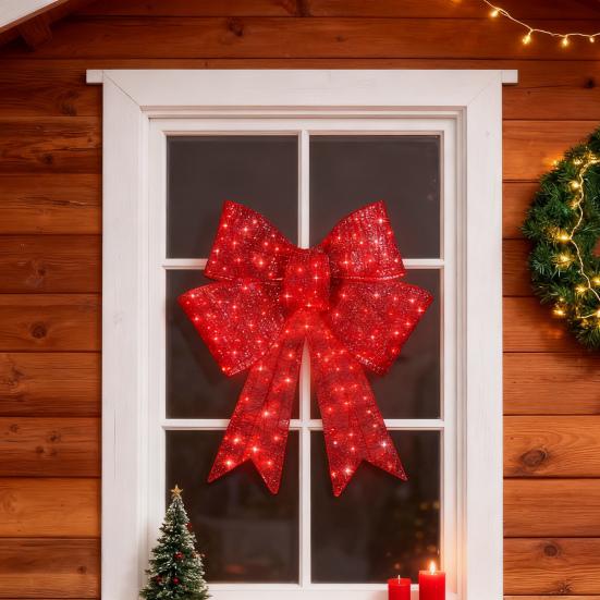 LED Christmas Bow Decoration Outdoor Holiday Yard Decor with Red Lights Timer-controlled Holiday Bow Lights