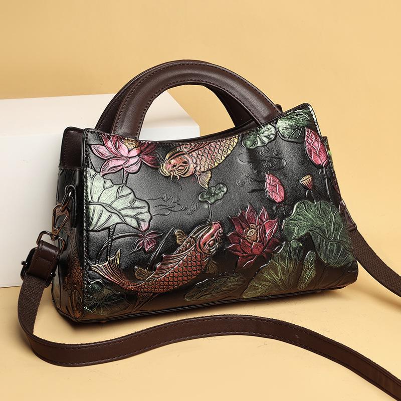 2025 Retro Glücksfischmuster Chinesische Handtasche - Großes Fassungsvermögen, Texturiert, Lässige Damentasche