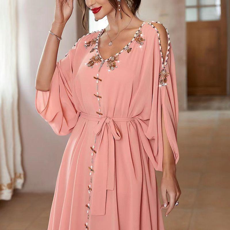 

European and American National Style off-the-Shoulder Hand-Stitched Diamond Dress Party Shoelace Large Swing Dress Sew Drill Dress Coral powder M