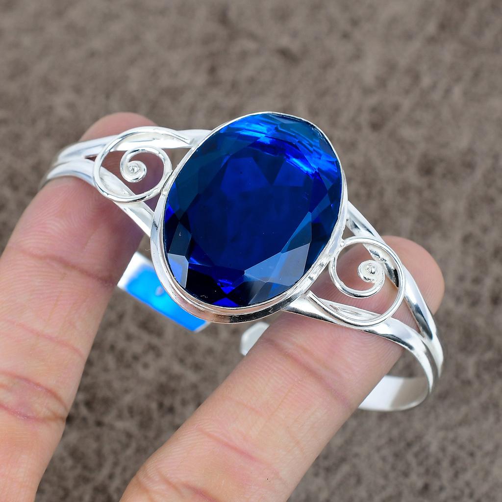 London Blue Topaz Gemstone 925 Sterling Silver Cuff Bangle Adjustable KKG-212