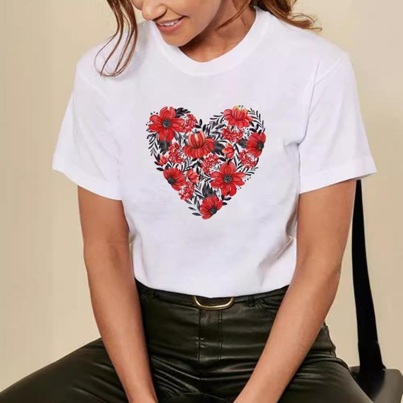 Sommer Rundhals Rose Liebe Festival Bedrucktes Top Modische Lässige Kurzarm Damen Reines Baumwoll T-Shirts