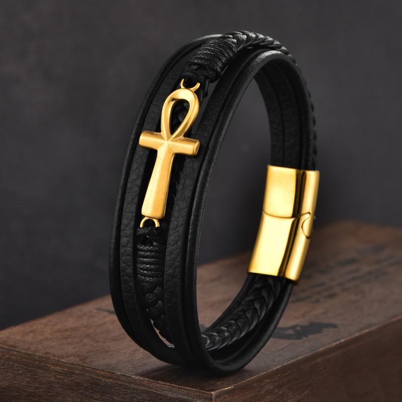 Minimalist Ankh Cross Leather Wrap Bracelet Men Stainless Steel Punk Style Multi-Layer Handmade Wristband